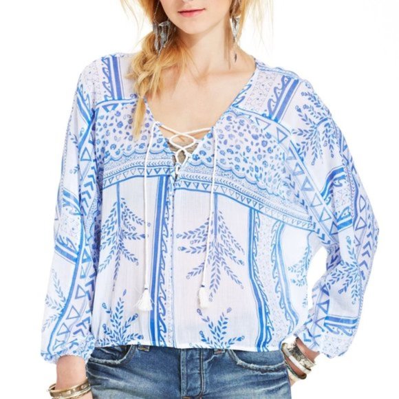 Free People Tops - Free People White Blue Boho Peasant Top S